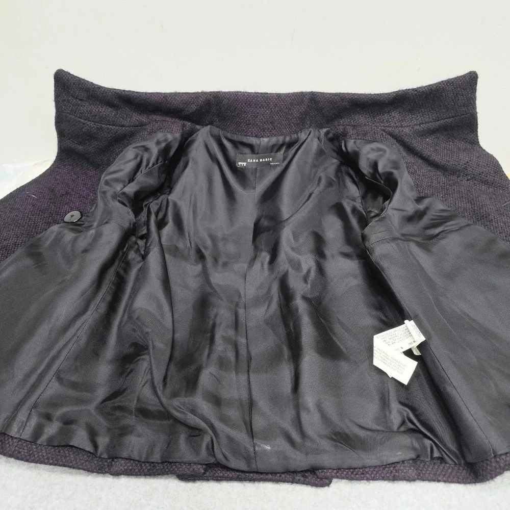 Zara Tweed Double Breasted Swing Peacoat S Purple Black Wool Alpaca Blend Office